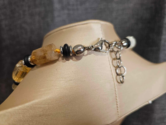 COD: TG0005- Collana – Quarzo Citrino, Agata Nera e Acciaio