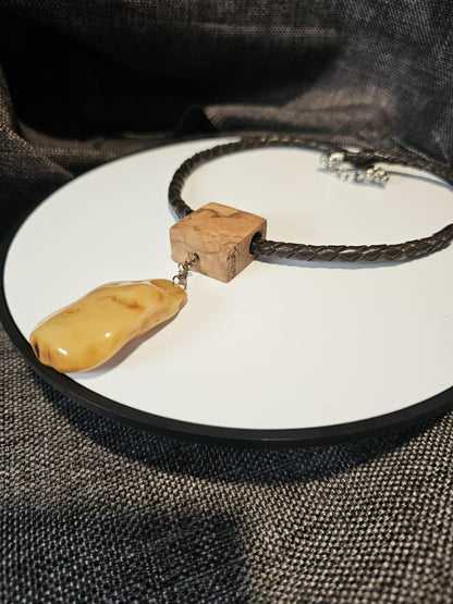 COD: TGU0002- Collana – Legno di Ulivo, Ambra, Cuoio e Argento 925