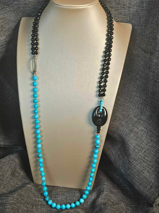 COD: TG0007- Collana – Agata nera, Turchese, Howlite azzurra e Argento 925