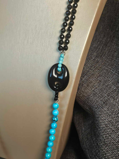 COD: TG0007- Collana – Agata nera, Turchese, Howlite azzurra e Argento 925