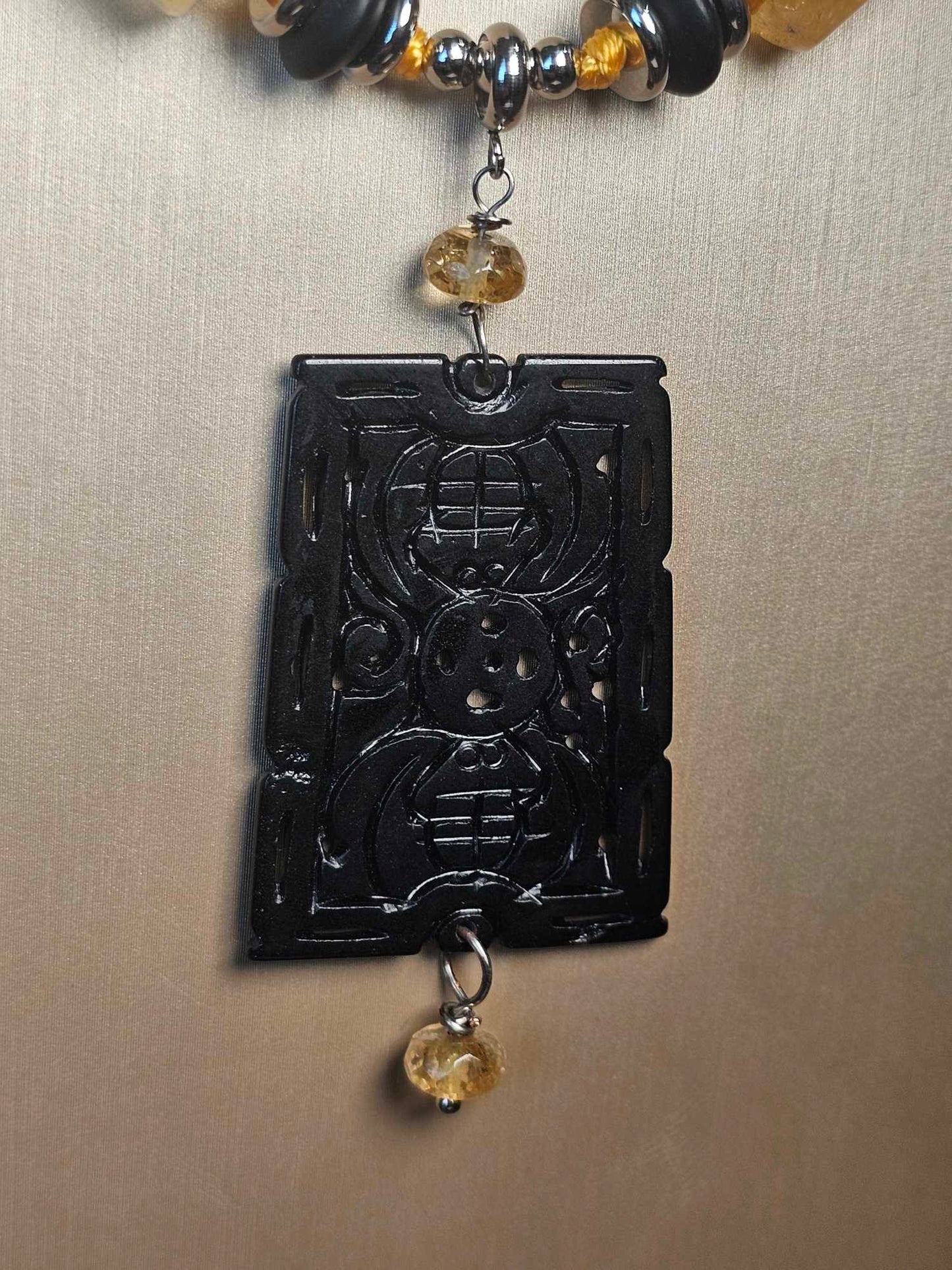 COD: TG0005- Collana – Quarzo Citrino, Agata Nera e Acciaio