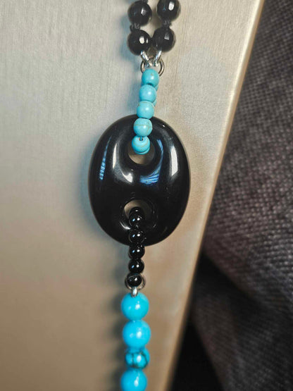 COD: TG0007- Collana – Agata nera, Turchese, Howlite azzurra e Argento 925