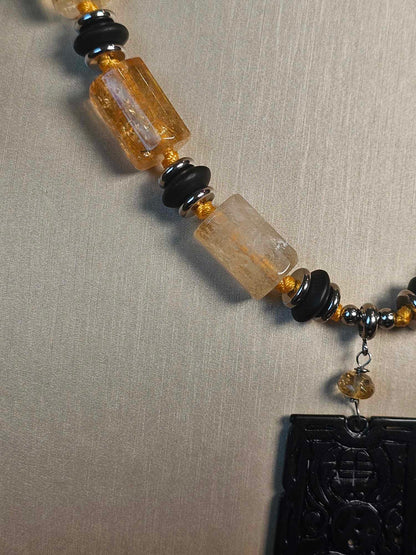 COD: TG0005- Collana – Quarzo Citrino, Agata Nera e Acciaio