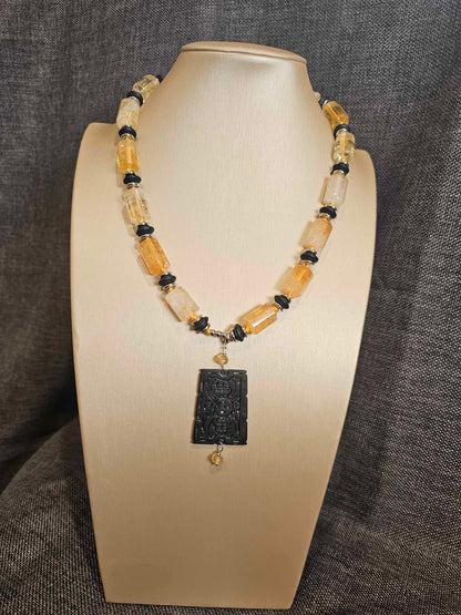 COD: TG0005- Collana – Quarzo Citrino, Agata Nera e Acciaio