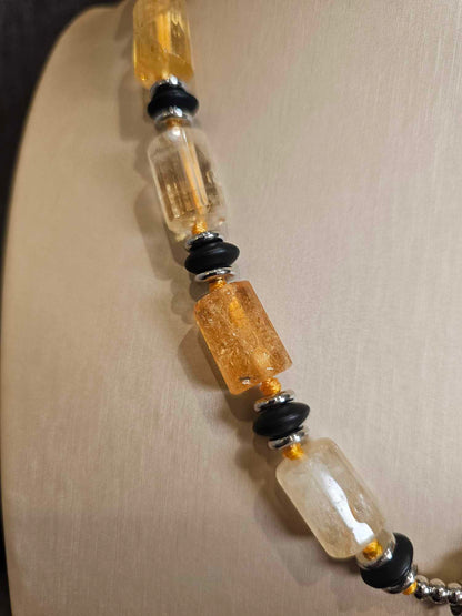 COD: TG0005- Collana – Quarzo Citrino, Agata Nera e Acciaio