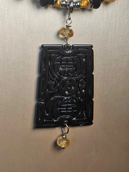 COD: TG0005- Collana – Quarzo Citrino, Agata Nera e Acciaio