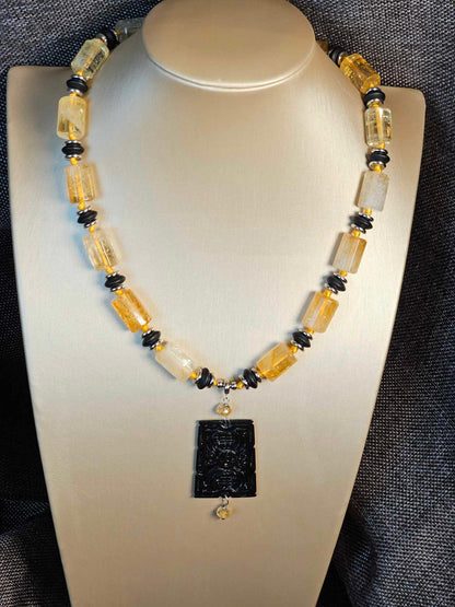 COD: TG0005- Collana – Quarzo Citrino, Agata Nera e Acciaio