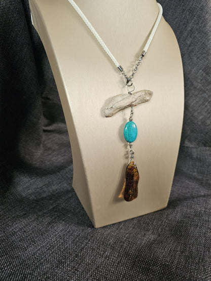 COD:TG0010 – Collana in ambra, turchese, legno di mare e argento 925
