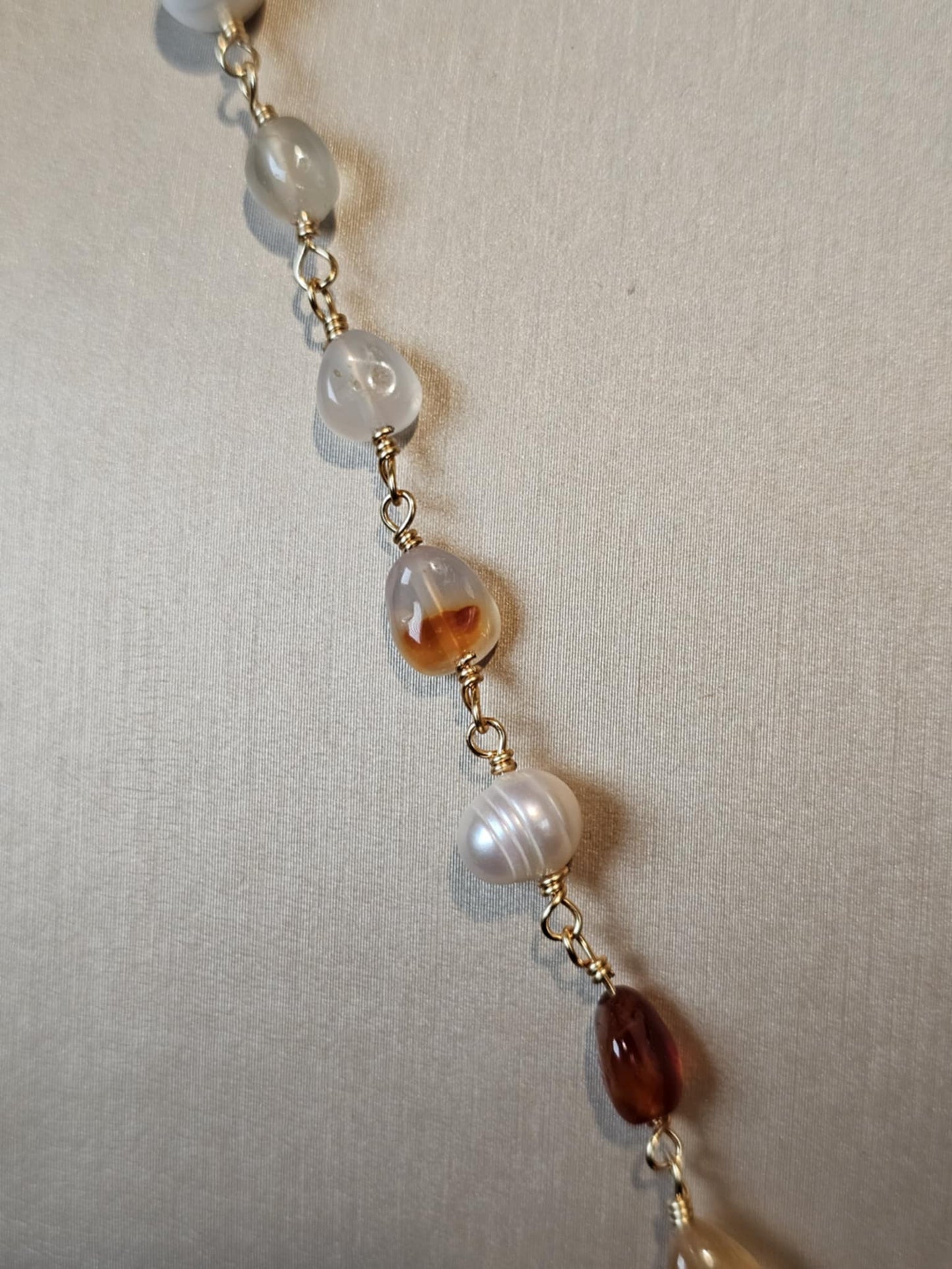 COD:TGP0001 – Collana lunga porta-essenze in agata, perle, pietra paesina e acciaio/ottone