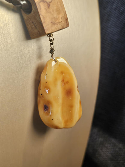 COD: TGU0002- Collana – Legno di Ulivo, Ambra, Cuoio e Argento 925