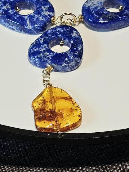 COD: TG0003- Collana – Lapislazzuli, Ambra e Acciaio Dorato