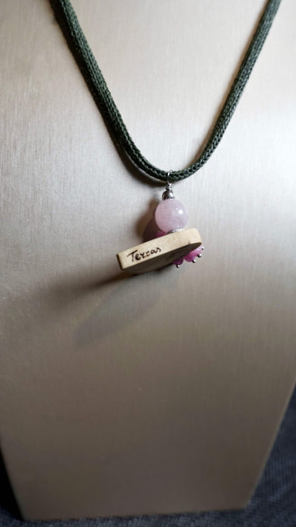 COD:TGU0006 – Collana- Legno d’ulivo, quarzo rosa, quarzi, argento 925, cordone in carta e acciaio