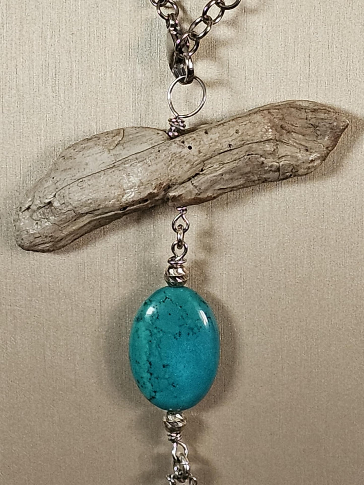 COD:TG0010 – Collana in ambra, turchese, legno di mare e argento 925