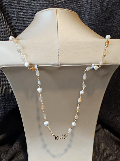 COD:TGP0001 – Collana lunga porta-essenze in agata, perle, pietra paesina e acciaio/ottone