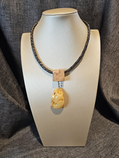 COD: TGU0002- Collana – Legno di Ulivo, Ambra, Cuoio e Argento 925