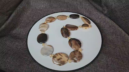 COD:TG0011 – Collana in legno fossile agatizzato, quarzo citrino e argento 925 dorato