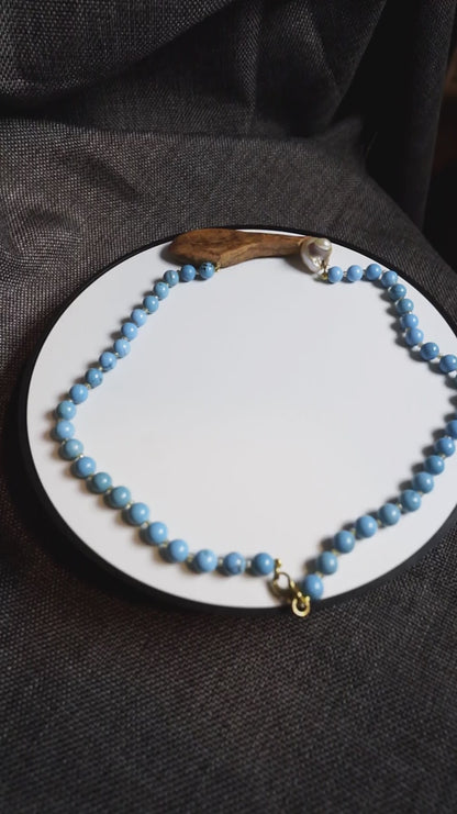 COD:TGU0005 – Collana- Turchese, perla, legno d’ulivo, argento 925