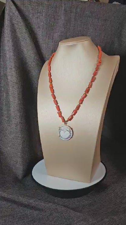 COD:TG0009 – Collana in corallo del Mediterraneo, cammeo e argento 925