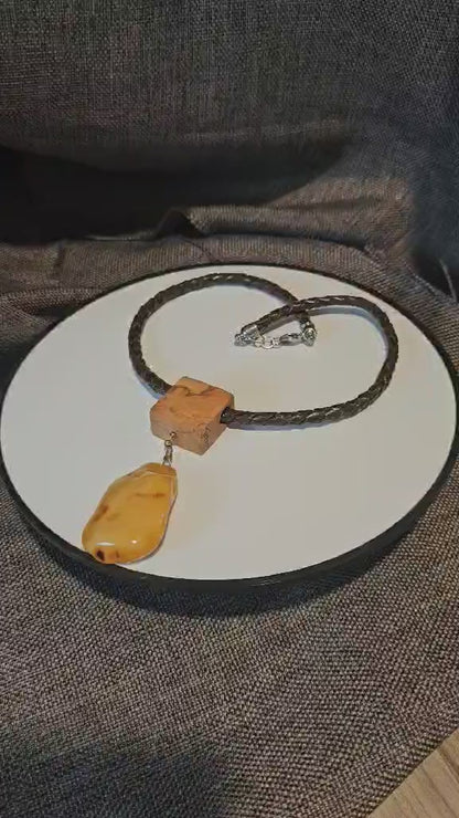 COD: TGU0002- Collana – Legno di Ulivo, Ambra, Cuoio e Argento 925