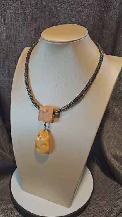 COD: TGU0002- Collana – Legno di Ulivo, Ambra, Cuoio e Argento 925