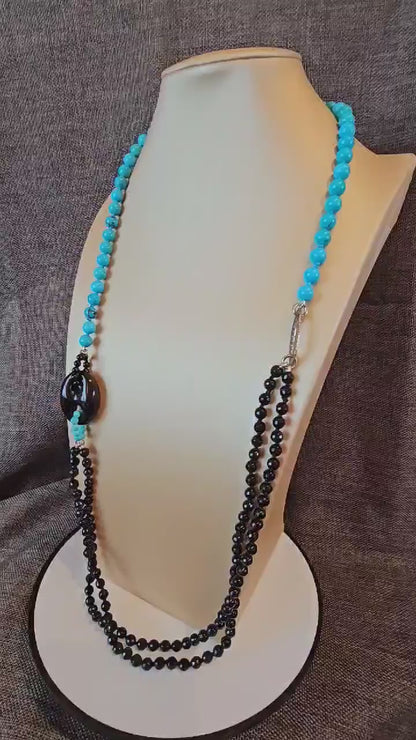COD: TG0007- Collana – Agata nera, Turchese, Howlite azzurra e Argento 925