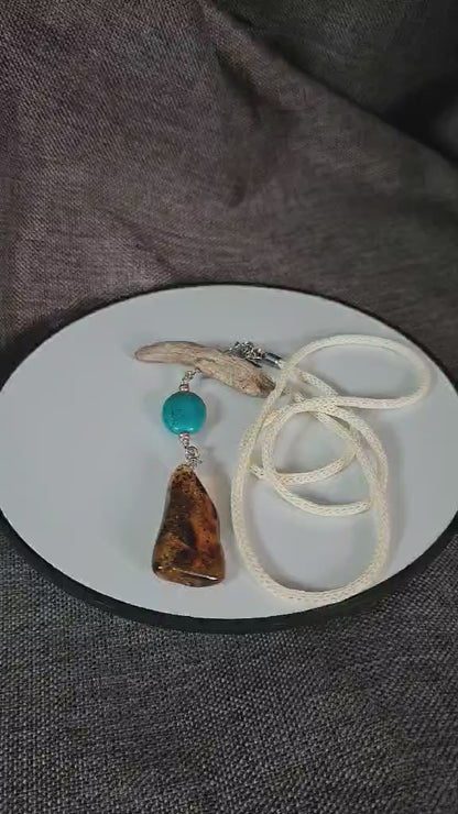 COD:TG0010 – Collana in ambra, turchese, legno di mare e argento 925
